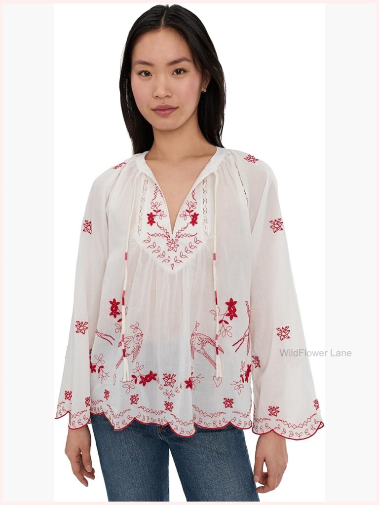 Relaxed Fit Floral Scallop Blouse Long Sleeve Notch Neck Tie